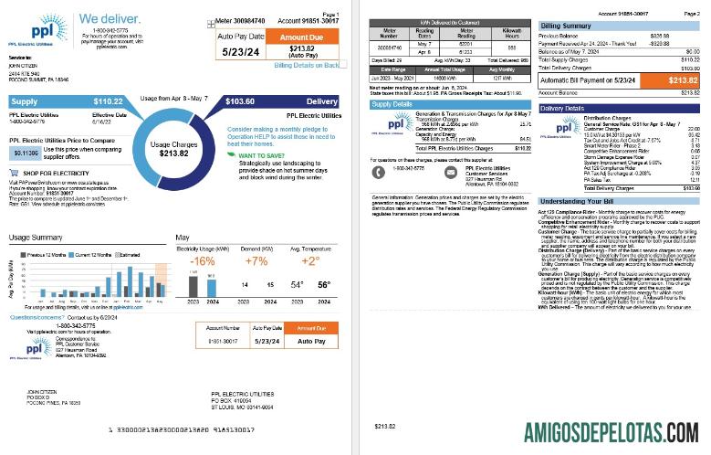 Conta de serviços públicos elétricos PPL da Pensilvânia nos EUA, 3 páginas modelo
